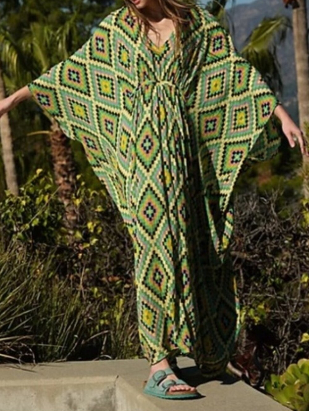 Free People Cup Of Tea Maxi Kaftan Green Geometric Print Cinch Waist One Size